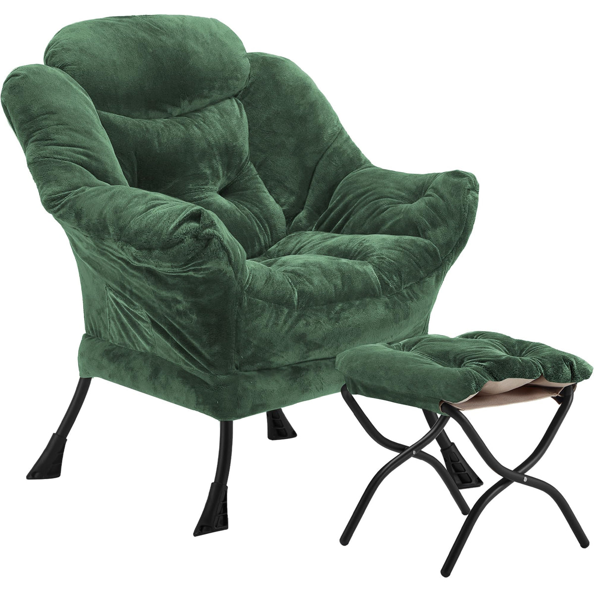 Youtanic Lazy Chair with Folding Ottoman, Accent Chair Velvet Upholstered with Metal Structure and Non-Slip Pads, Sofa Armchair with Footrest and Side Storage Bag for Dorm, Room, Office, Beige