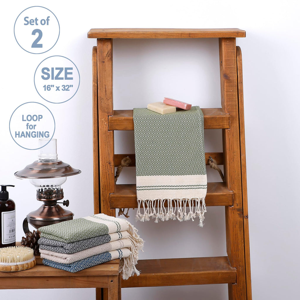 Evelynen Turkish Hand Towels for Bathroom & Kitchen Towels Decorative Set of 2 | Boho Farmhouse Hand Towels with Hanging Loops for Face, Tea, Dish, Kitchen & Bath | %100 Cotton (16" x 32" - Beige)