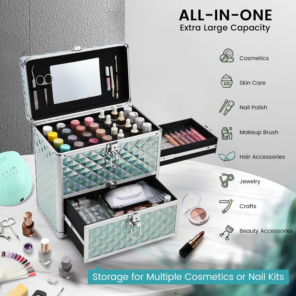 Frenessa Nail Polish Makeup Train Case with Drawer and Dividers Manicure Organizer Accessory Storage Makeup Box With Mirror Lockable Keys Nail Kit Organizer Cosmetic Case Jewelry Box - Black
