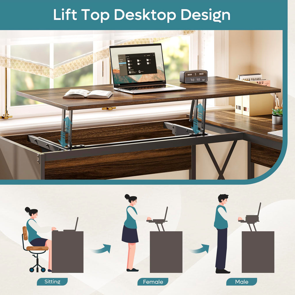 Bestier L Shaped Standing Desk with Lift Top, 55"x55" Standing Corner Desk for Home Office, Computer Desk with Reversible File Drawer and Monitor Stand, Grey Wash