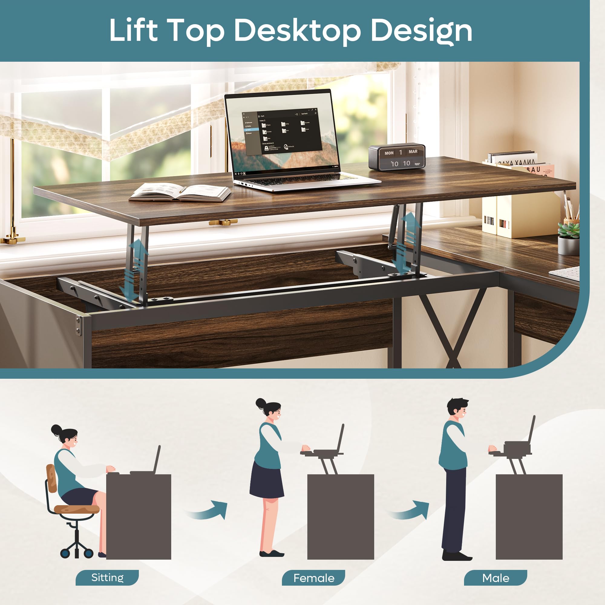 Bestier L Shaped Standing Desk with Lift Top, 55"x55" Standing Corner Desk for Home Office, Computer Desk with Reversible File Drawer and Monitor Stand, Grey Wash