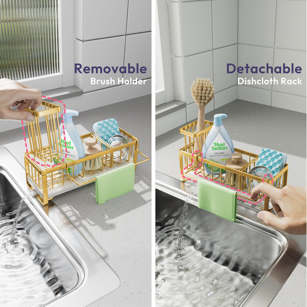 SWTYMIKI Sponge Holder for Kitchen Sink - Sink Caddy with Brush Holder Self-draining Sponge Caddy Organizer with Divider Stainless Steel Kitchen Accessories Storage for Countertop, Black