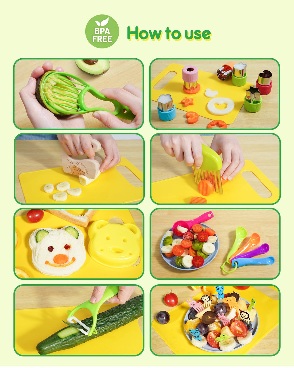Kids Knife Set, 5 Pcs Montessori Kitchen Tools for Toddlers' Real Cooking for 3+, BPA Free Kids Safe Kitchen Cooking and Baking Set with Peeler, Cutting Board for Sandwich Bread Vegetable Fruit Gift