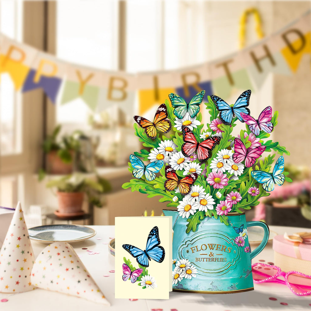 Airpark 3D Pop Up Paper Flowers Bouquet Card 12’‘ with Note & Envelope, Birthday Gifts, Get Well, Thank You, Greeting Cards for Women Mom Wife Friends, Daisies and Butterflies