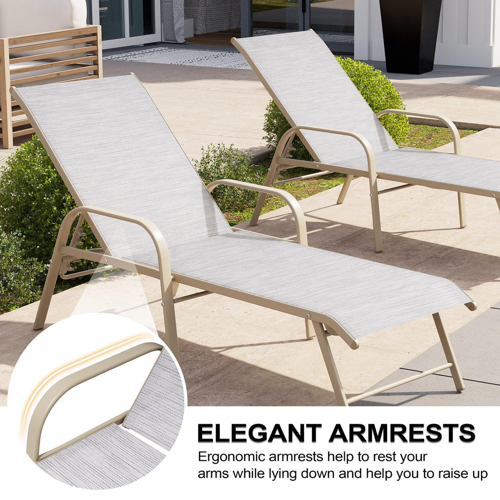 Crestlive Products Chaise Lounge Chair Outdoor with Armrests, Pool Lounge Chairs Set of 2, Aluminum Adjustable 5 Positions Sun Tanning Lounger for Patio, Poolside, Yard, Deck, Backyard (Beige)