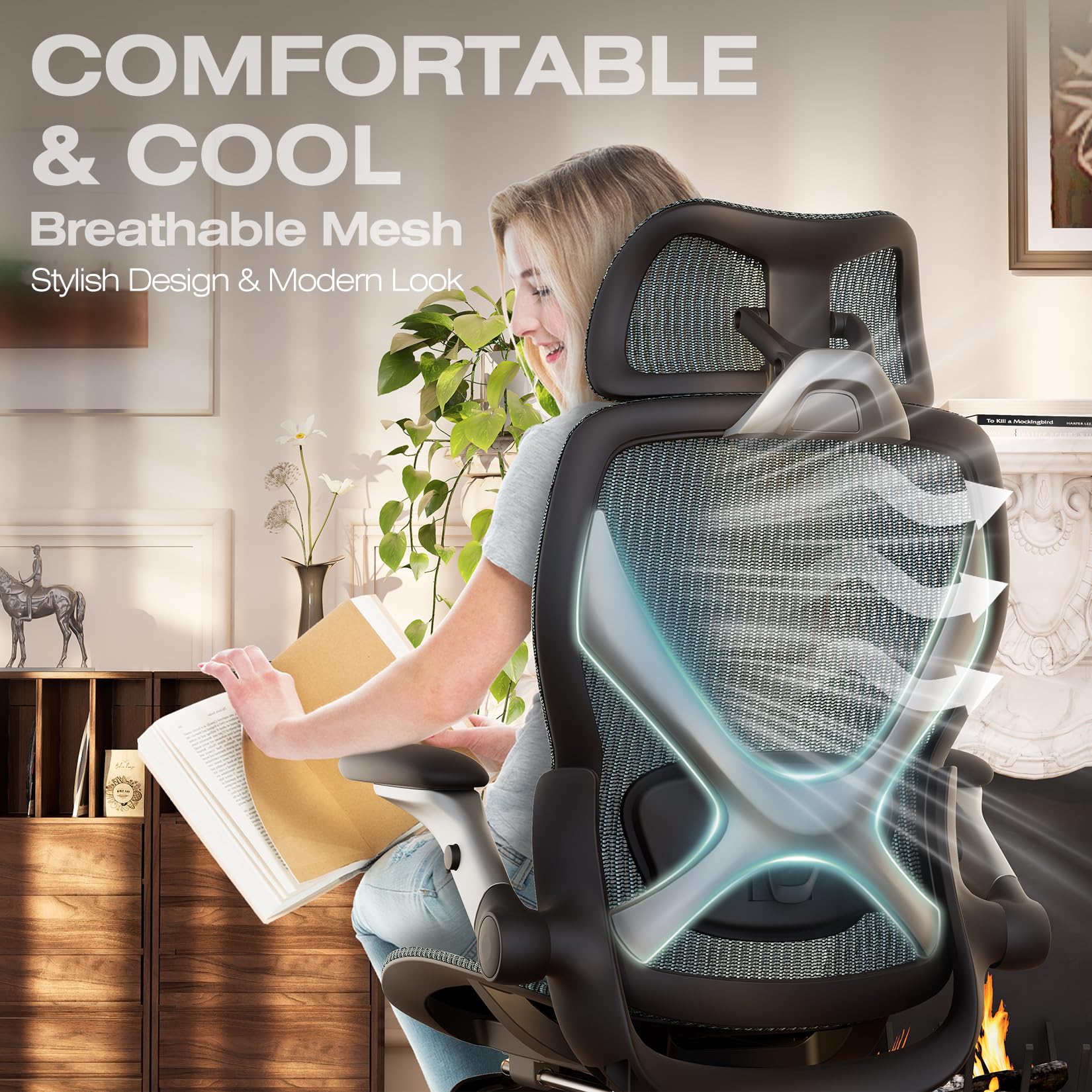 ELABEST X100 Ergonomic Office Chair with Footrest, Big and Tall Home Desk Chair with 5D Flip-Up Arms, Adjustable 3D Lumbar Support,High Back Rolling Computer Chair, Swivel Mesh Chairs (Coffee Break)