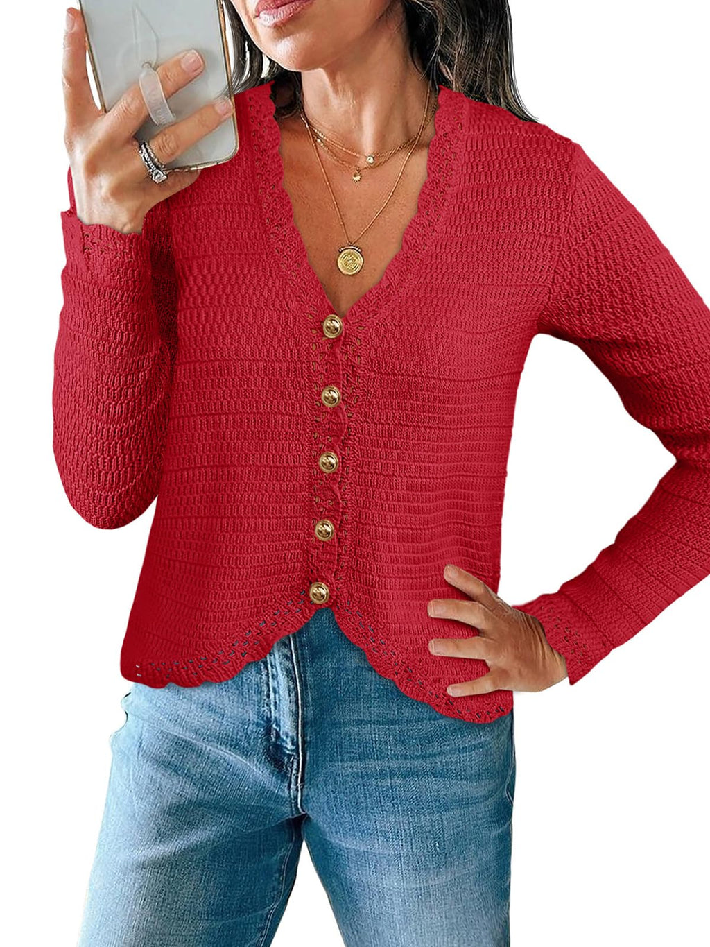 Saodimallsu Womens V Neck Cardigan Sweaters Button Up Cropped Boho Knit Long Sleeve Loose Trendy Sweater Tops
