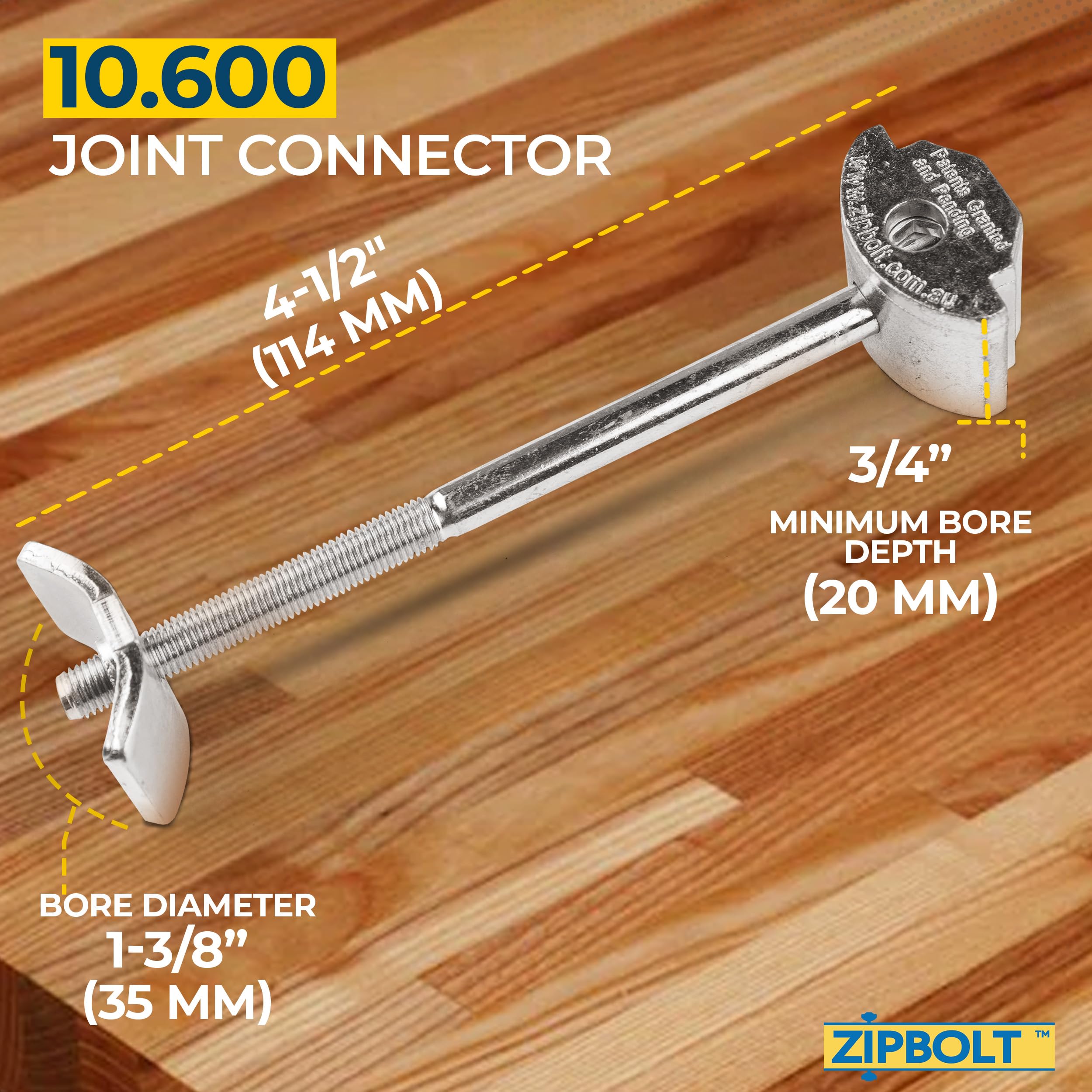Zipbolt 10.800 Countertop Miter Connector — 20 Piece Joint Fastener Drawbolt Pack with 5mm Hex Bit for Joining Countertops, Butcher Blocks, Furniture, and More - Single-Handed Tightening