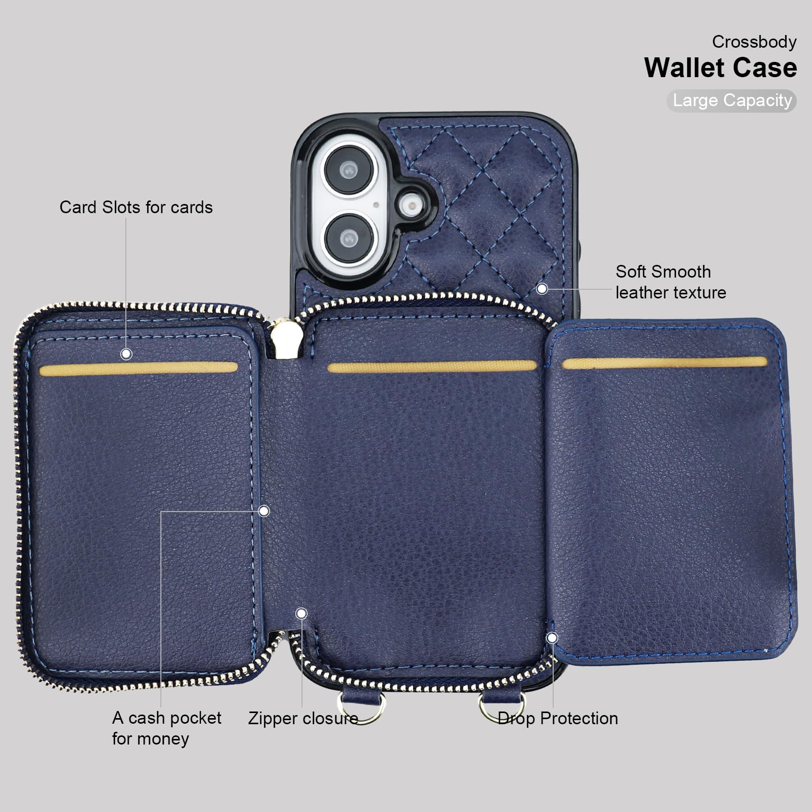 Bocasal Crossbody Wallet Case for iPhone 16, RFID Blocking PU Leather Zipper Handbag Purse Flip Cover, Kickstand Folio Case with Card Slots Holder Wrist Strap Lanyard 5G 6.1 Inch (Black)