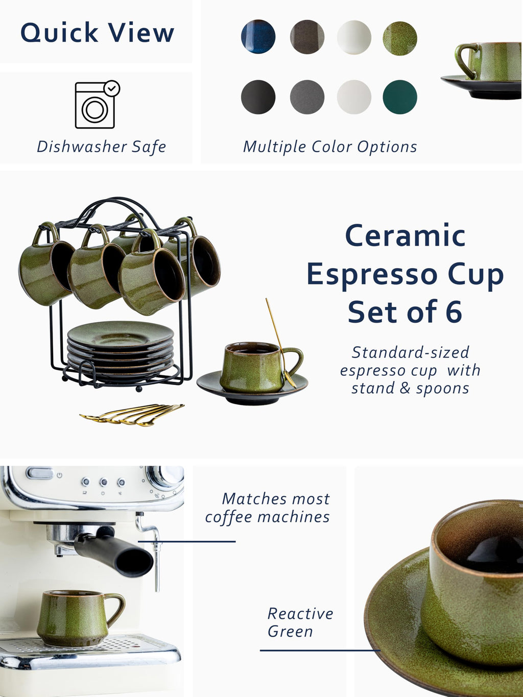 YHOSSEUN Ceramic Espresso Cups Set of 6, 4 OZ Expresso Shots Cup with Stand, Saucers & Spoons, Small Coffee Cup Demitasse Cups for Father's Day, Espresso Accessories for Machine, Black