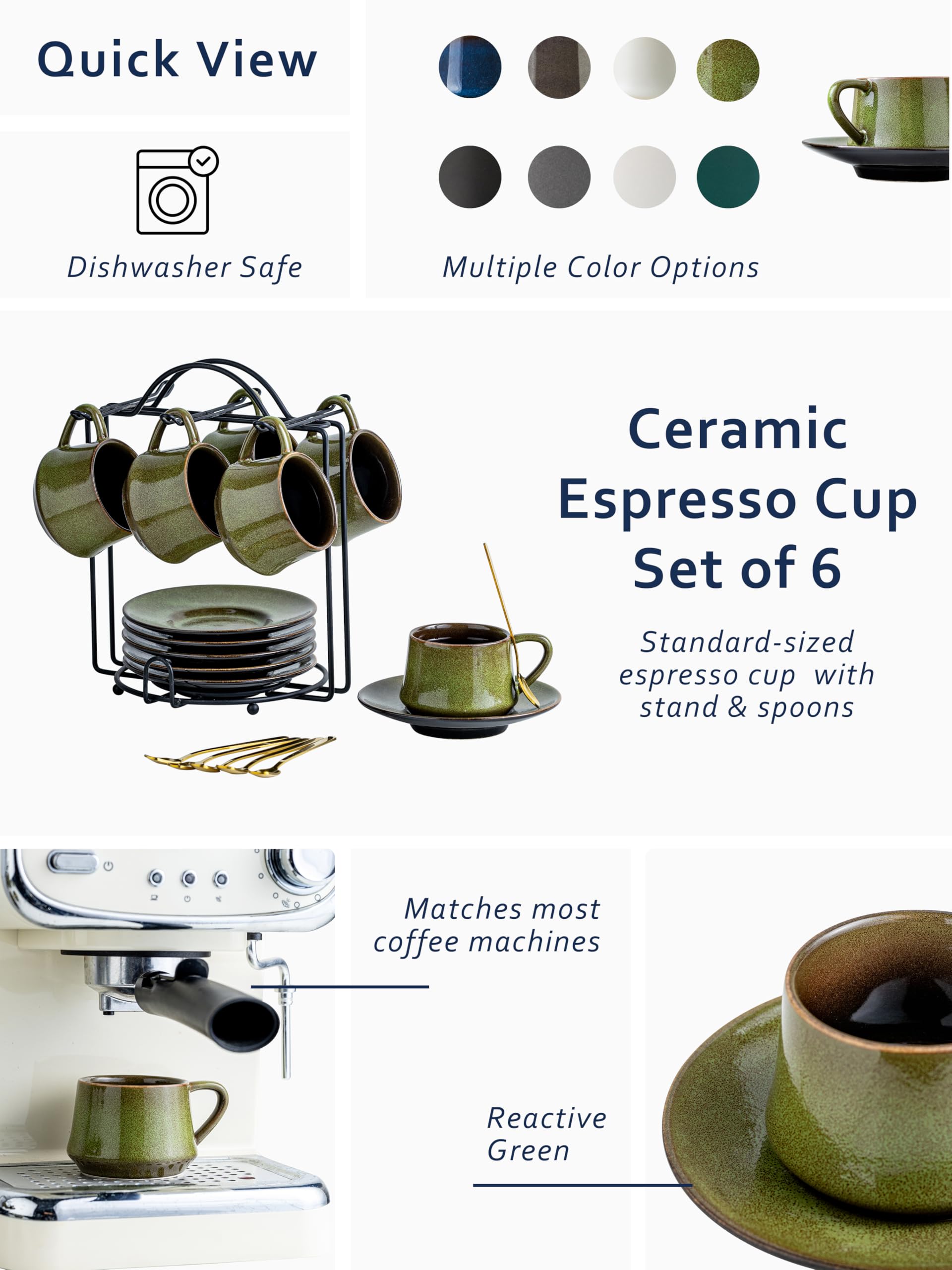YHOSSEUN Ceramic Espresso Cups Set of 6, 4 OZ Expresso Shots Cup with Stand, Saucers & Spoons, Small Coffee Cup Demitasse Cups for Father's Day, Espresso Accessories for Machine, Black
