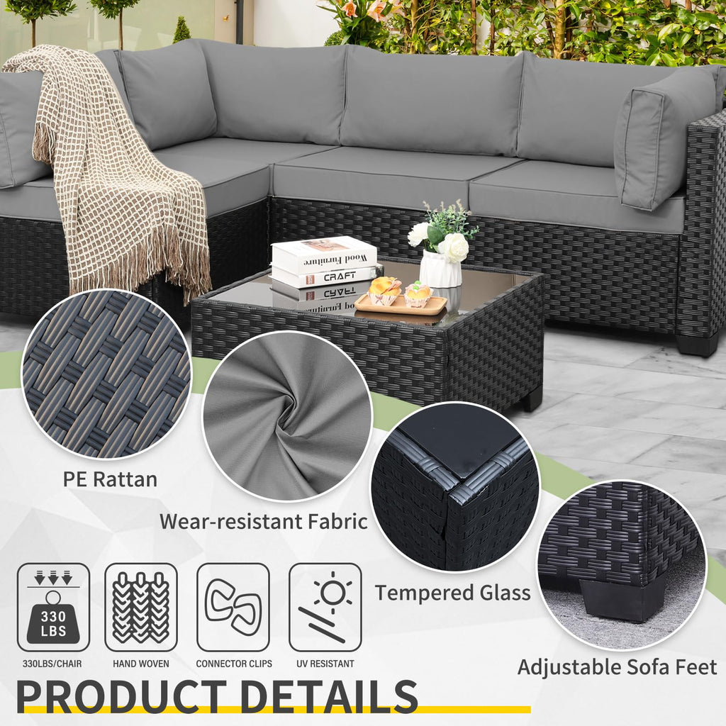 WAROOM Outdoor 5 Piece Patio Furniture Set, Black Rattan Conversation Couch Resin Wicker Sectional Sofa Outside Chair with Coffee Table, Grey Cushion