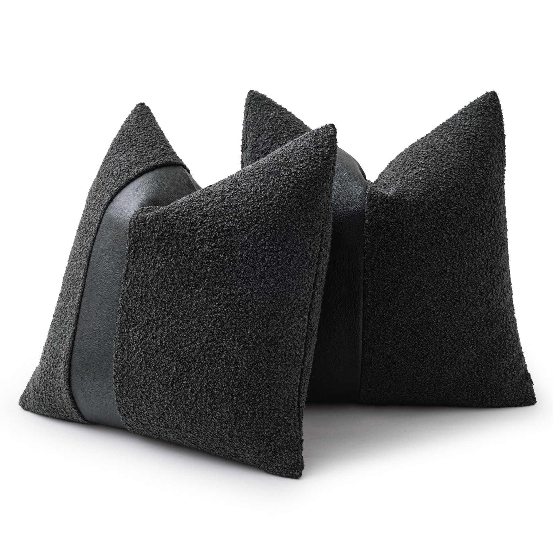 18"x18" Charcoal Black Boucle Throw Pillow Covers with Faux Leather Accents Set of 2 Fluffy Textured Decorative Pillow Cases for Couch Bed Boho Farmhouse Square Cushion Covers for Nordic Home