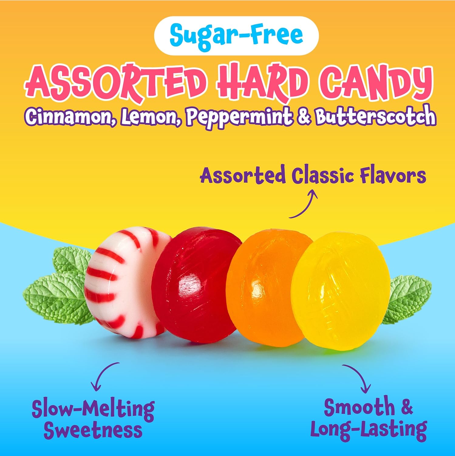 Sugar Free Candy - 1 Pound Pack - Hard Candy Individually Wrapped - Lemon, Butterscotch, Peppermint, Cinnamon - Office Bowl Mix - Old Fashioned Sugarless Treats