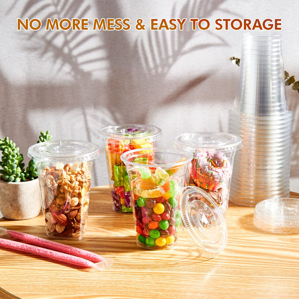Lilymicky 200 Sets 10 oz Clear Plastic Cups With Flat Lids, 10 Ounce Disposable Drinking Cups for Smoothie, Slurpee, or Any Cold Drinks