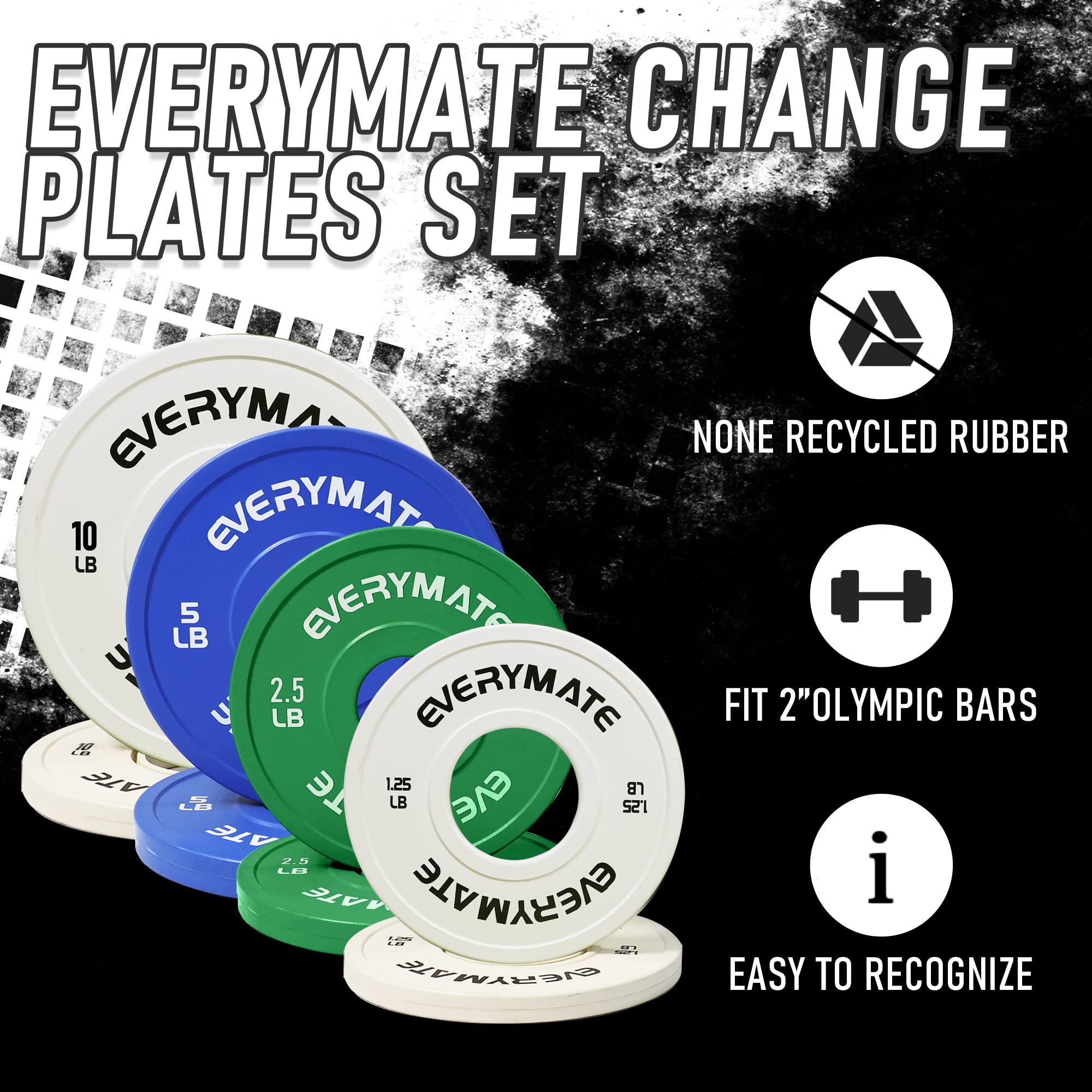 EVERYMATE Change Weight Plates 1.25LB 2.5LB 5LB Set Fractional Plate Olympic Bumper Plates for Cross Training Bumper Weight Plates Steel Insert Strength Training Weight Plates