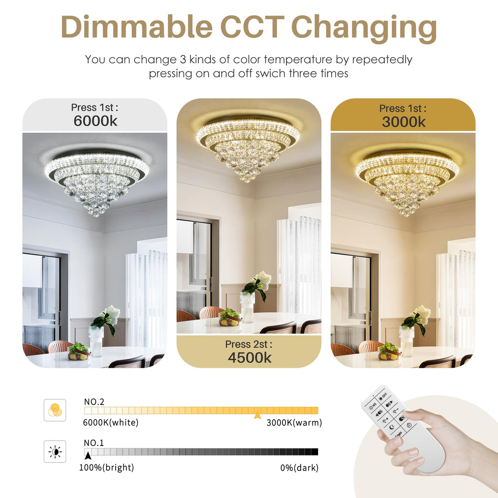 COCOSTAR 20" Gold Crystal Chandeliers, Flush Mount Chandelier LED Ceiling Light, Modern Crystal Raindrop Chandeliers for Dining Room, Living Room, Bedroom