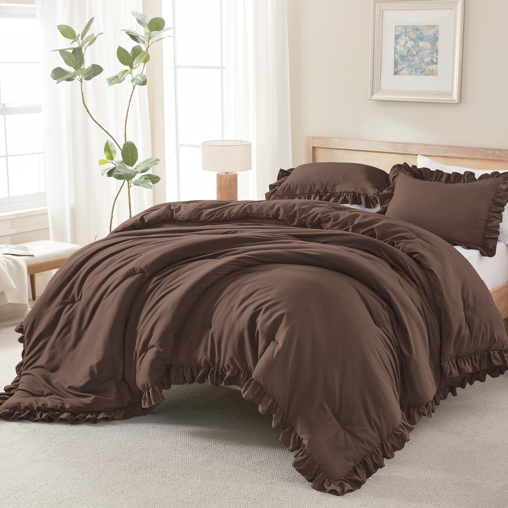 Andency Beige Twin Size Ruffle Comforter, 2 Pieces Farmhouse Shabby Classic Bed Set for Kids, Lighteweight Soft Polyester Bedding Set for Girls(1 Ruffle Comforter and 1 Pillowcase)