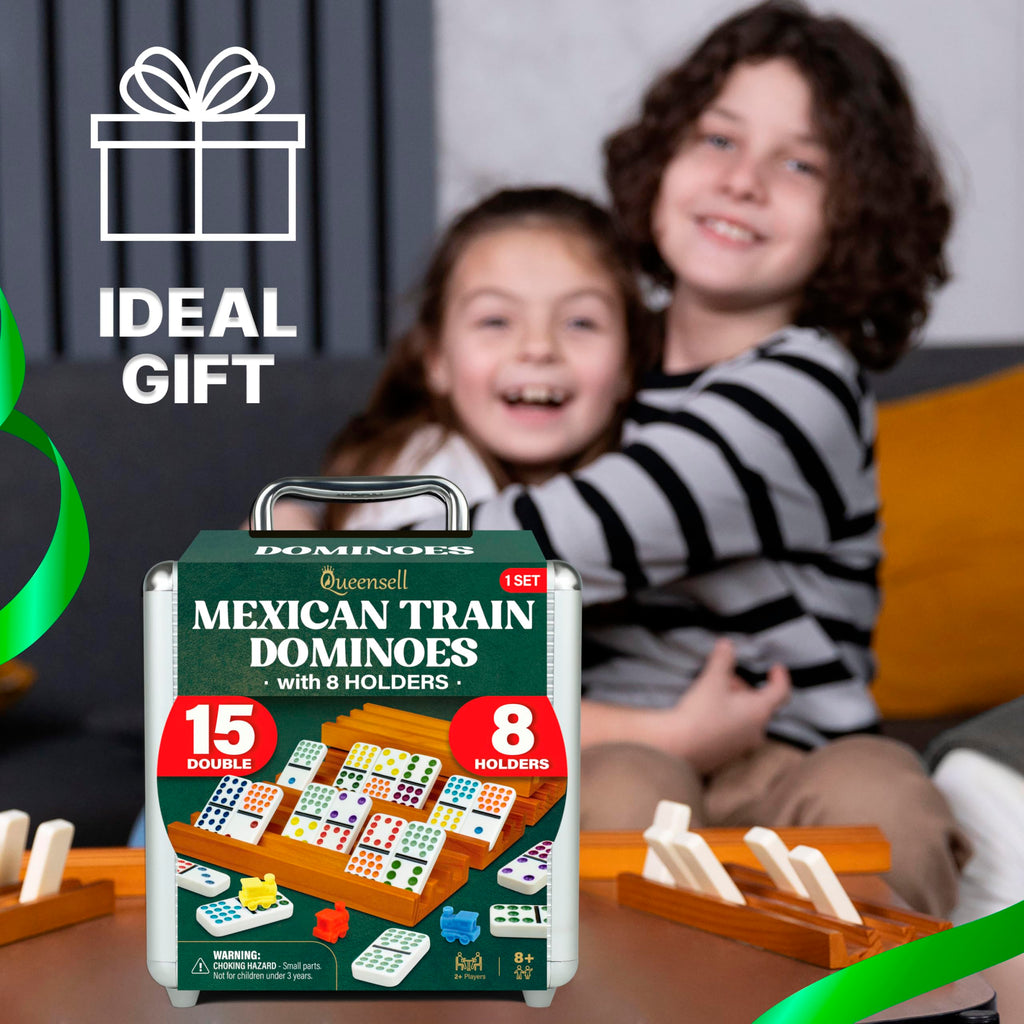 Queensell Mexican Train Dominoes Set Double 15 for Adults and Family, Mexican Train Double 15 Dominoes Set Colored Dot - 136 Tiles, 9 Trains, Wooden Hub, Aluminum Case (Double 15)