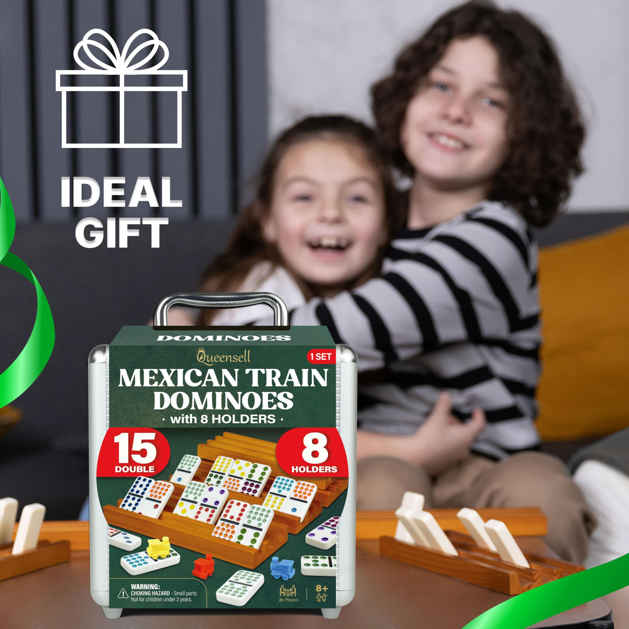 Queensell Mexican Train Dominoes Set Double 15 for Adults and Family, Mexican Train Double 15 Dominoes Set Colored Dot - 136 Tiles, 9 Trains, Wooden Hub, Aluminum Case (Double 15)