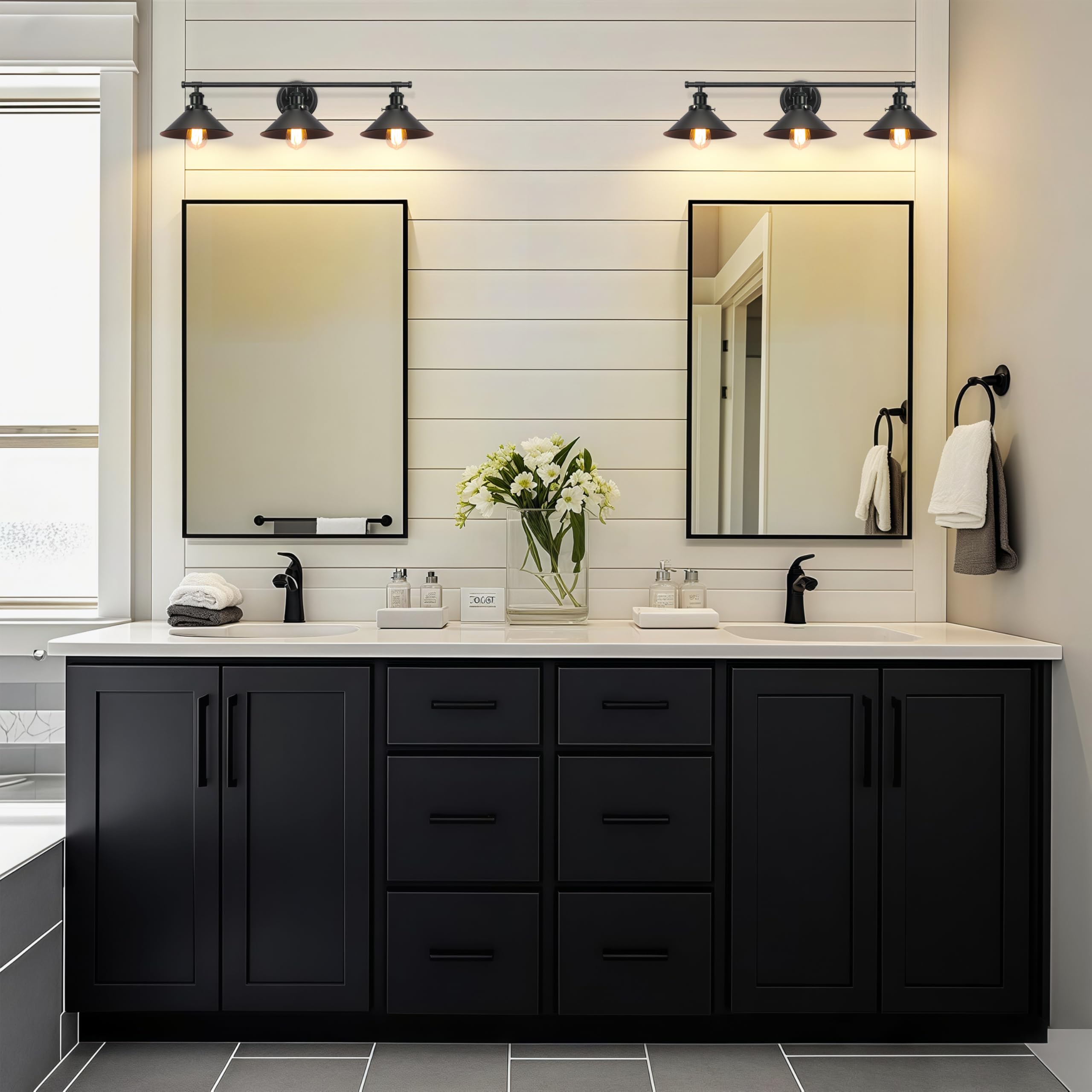 Black Bathroom Light Fixture 2-Light Matte Black Farmhouse Vanity Lights for Bathroom Light Fixtures, 20" Rustic Industrial Wall Sconce Vanity Lighting Fixtures over Mirror Kitchen Cabin Workshop Cafe