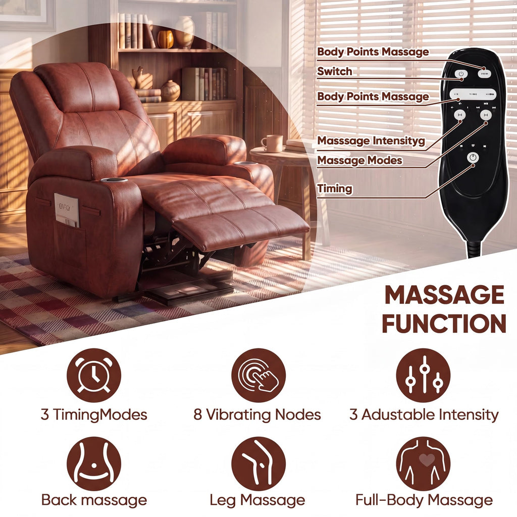 Furmax Electric Power Lift Recliner Chair with Massage for Elderly Corduroy Fabric Recliner Single Sofa with Cup Holders, Side Pockets and Remote Control for Living Room Bedroom (Leathaire, Brown)