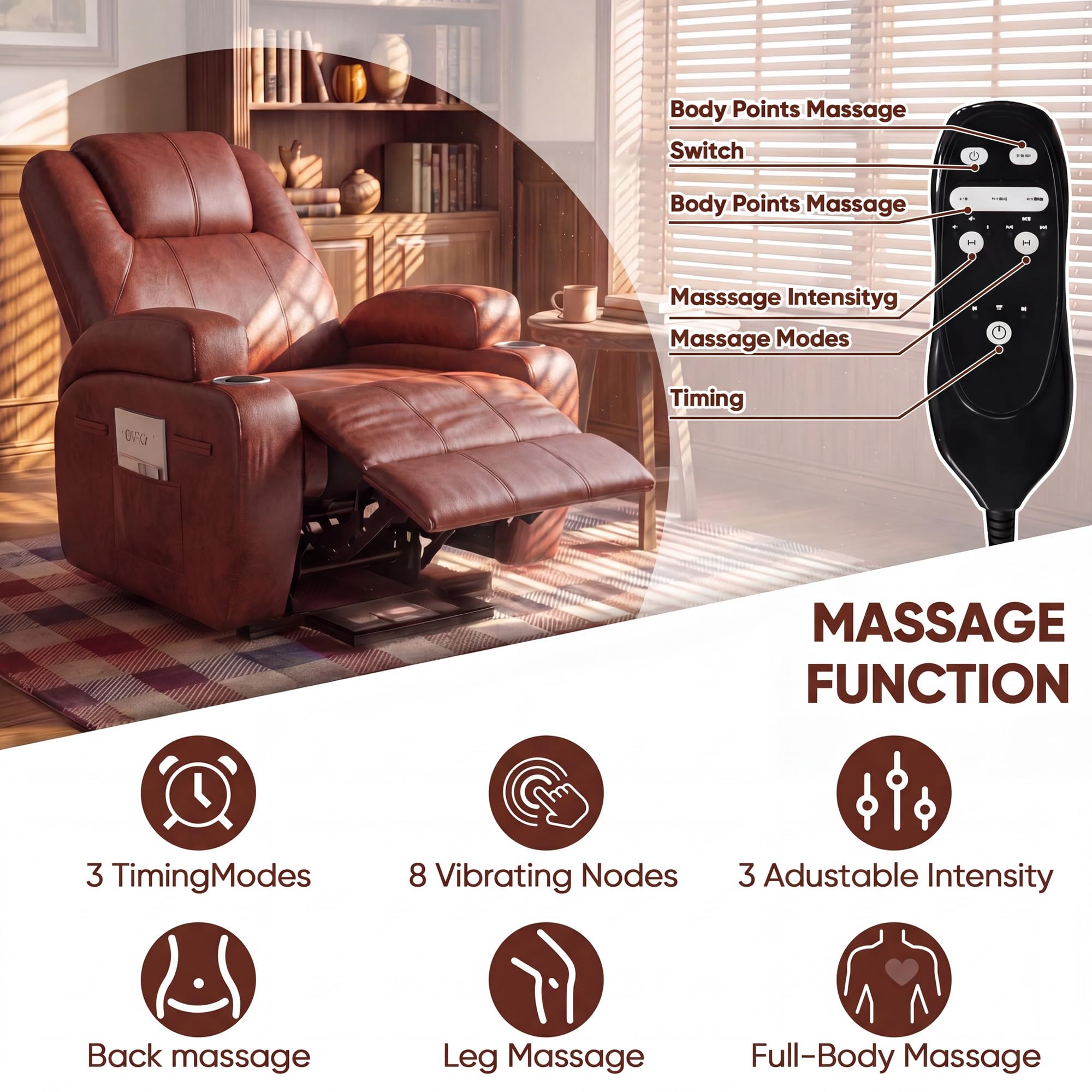 Furmax Electric Power Lift Recliner Chair with Massage for Elderly Corduroy Fabric Recliner Single Sofa with Cup Holders, Side Pockets and Remote Control for Living Room Bedroom (Leathaire, Brown)
