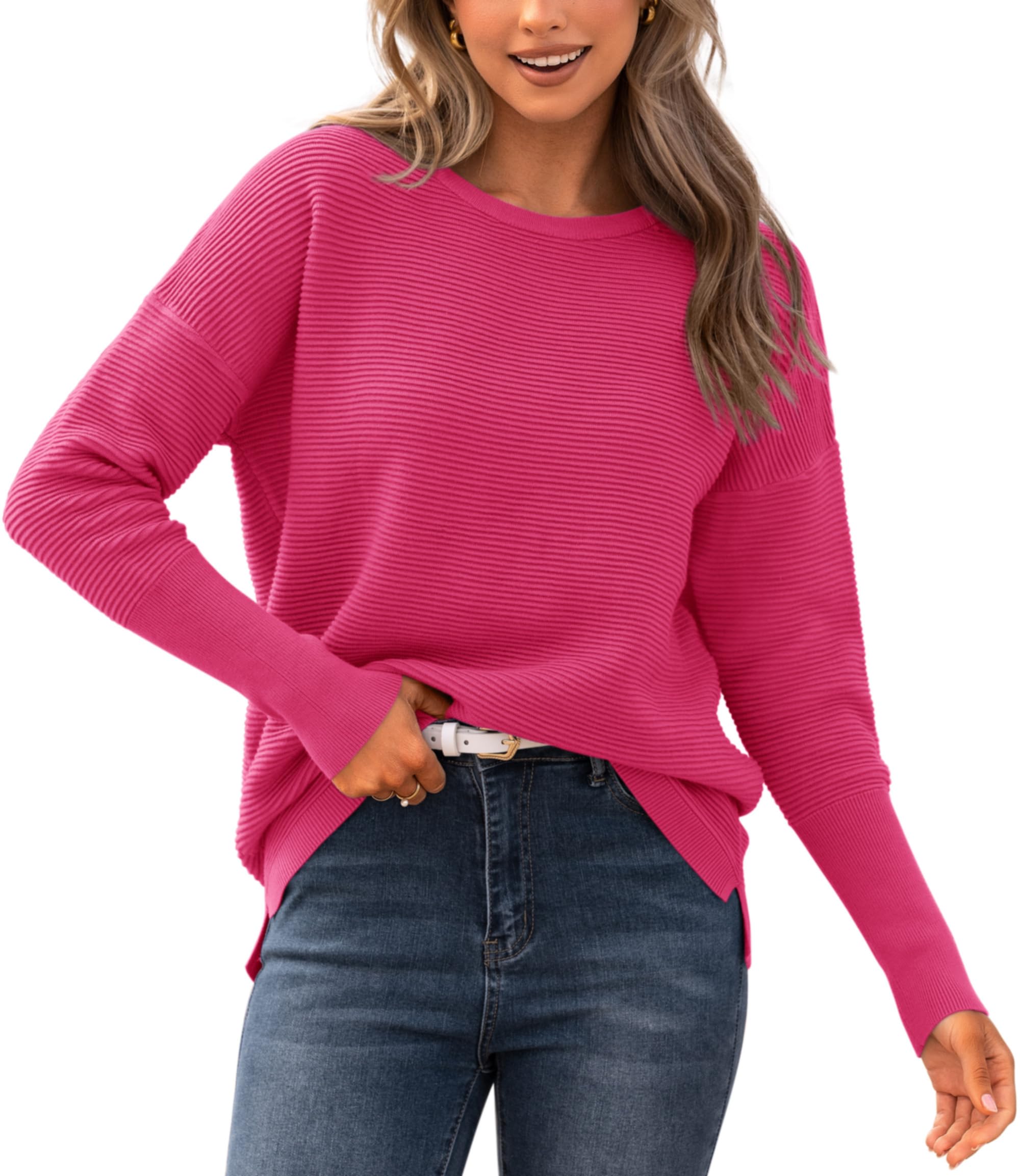 BTFBM Fall Sweaters for Women 2026 Casual Long Sleeve Sweater Striped Loose Fit Pullover Tops