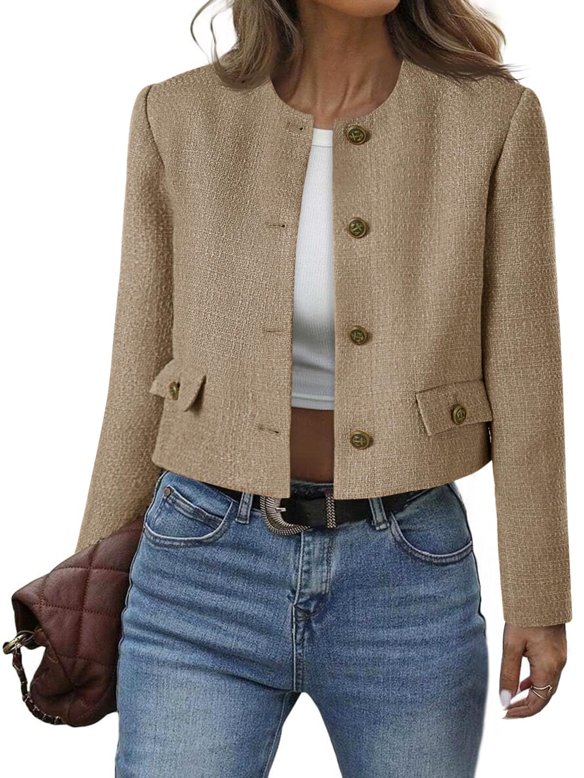 Cicy Bell Womens Cropped Tweed Blazer Collarless Button Down Bomber Jacket Business Casual Fall Outfits