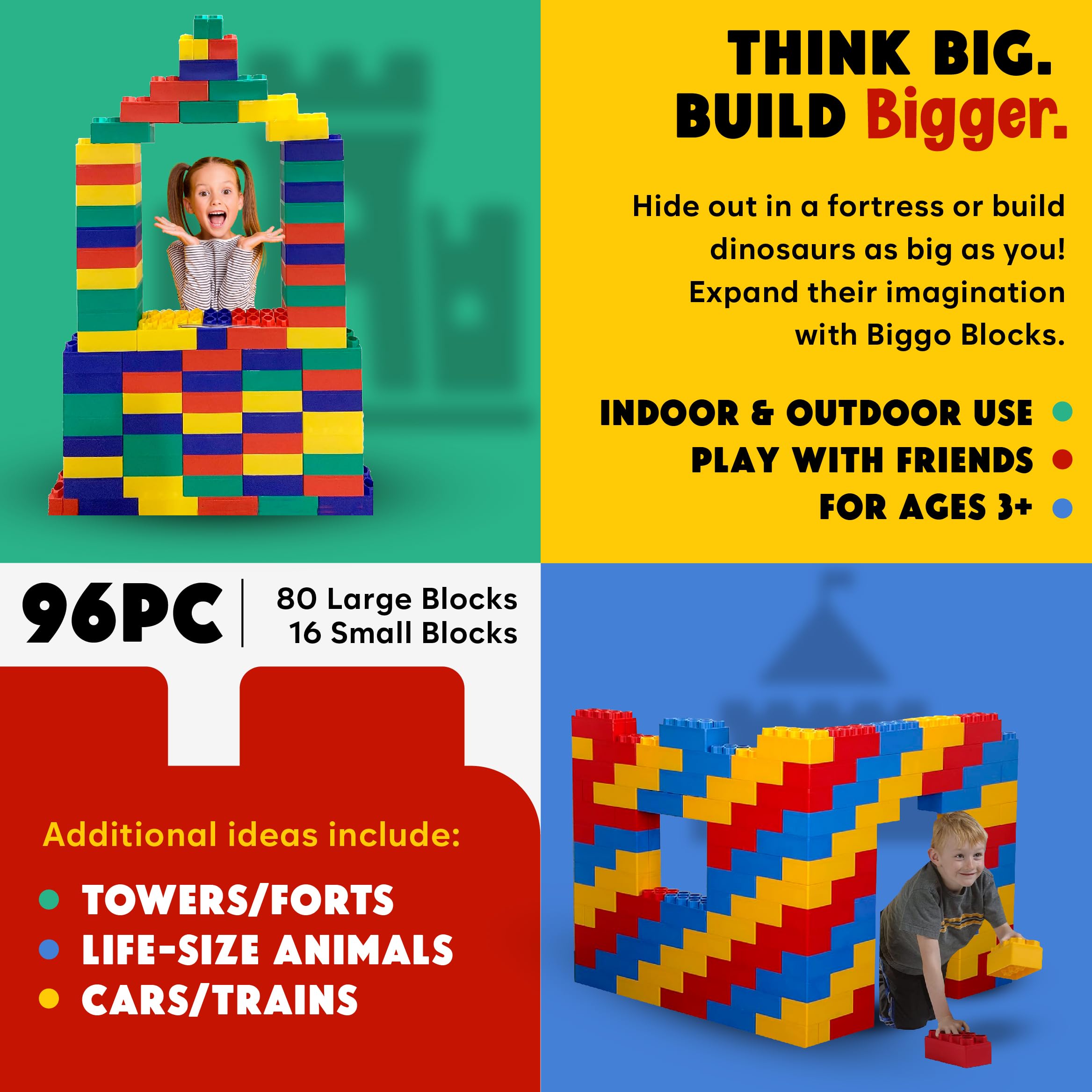 BiggoBlocks Large Building Blocks for Kids Ages 3-8 – 288 Piece Mega Set – Indoor & Outdoor STEM Toy for Boys & Girls