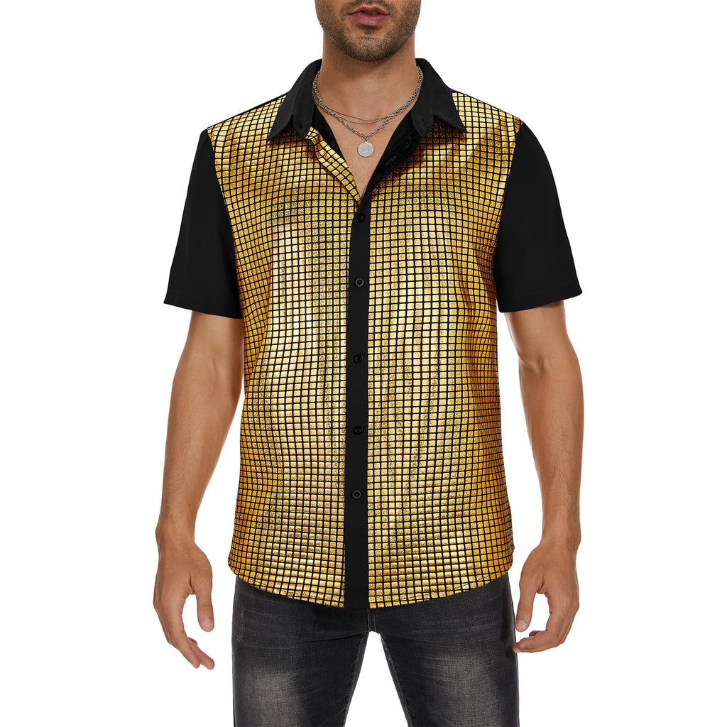 Zando Men's Sequin 70s 80s Disco Shirt - Retro Short Sleeve Button Up Costume Halloween New Year Party Outfit Top & Clubwear