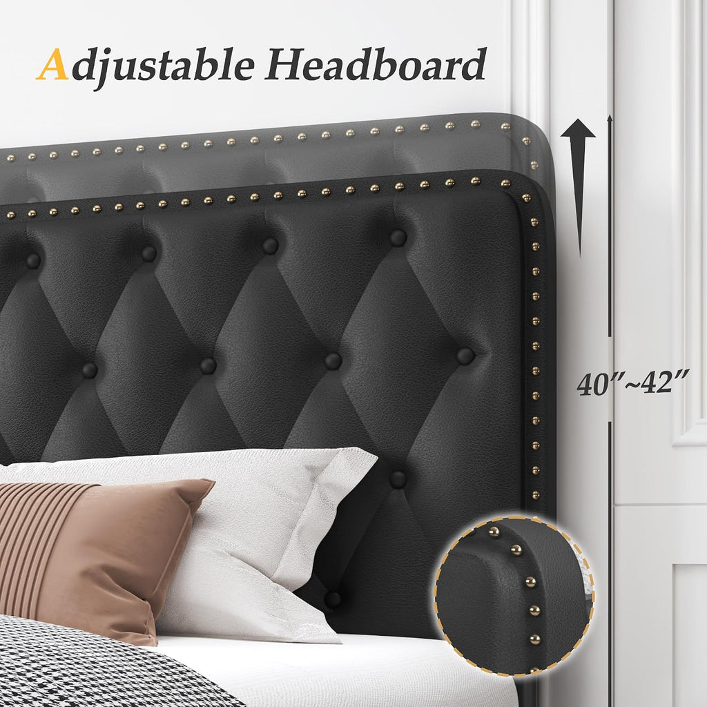 Lifezone Queen Bed Frame with Headboard Faux Leather Upholstered Metal Queen Bed Frame with 4 Storage Drawers, Adjustable Headboard/All-Metal Support/No Box Spring Needed/Easy Assembly, Black