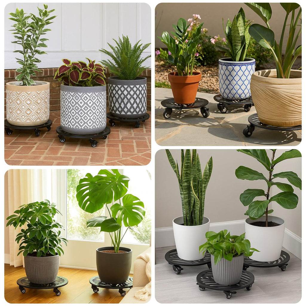 1 Pack 12 inches Large Metal Plant Caddy with 3 PU Metal Wheels Rolling Plant Stand with Casters Indoor Outdoor Wheeled Planter Roller Base Pot Movers Plant Dolly Coaster Trolley Black