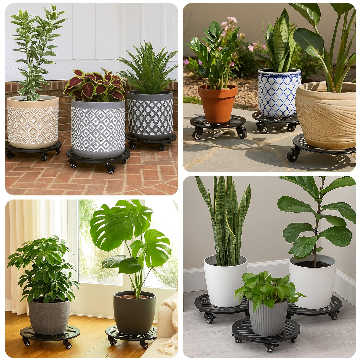 1 Pack 12 inches Large Metal Plant Caddy with 3 PU Metal Wheels Rolling Plant Stand with Casters Indoor Outdoor Wheeled Planter Roller Base Pot Movers Plant Dolly Coaster Trolley Black
