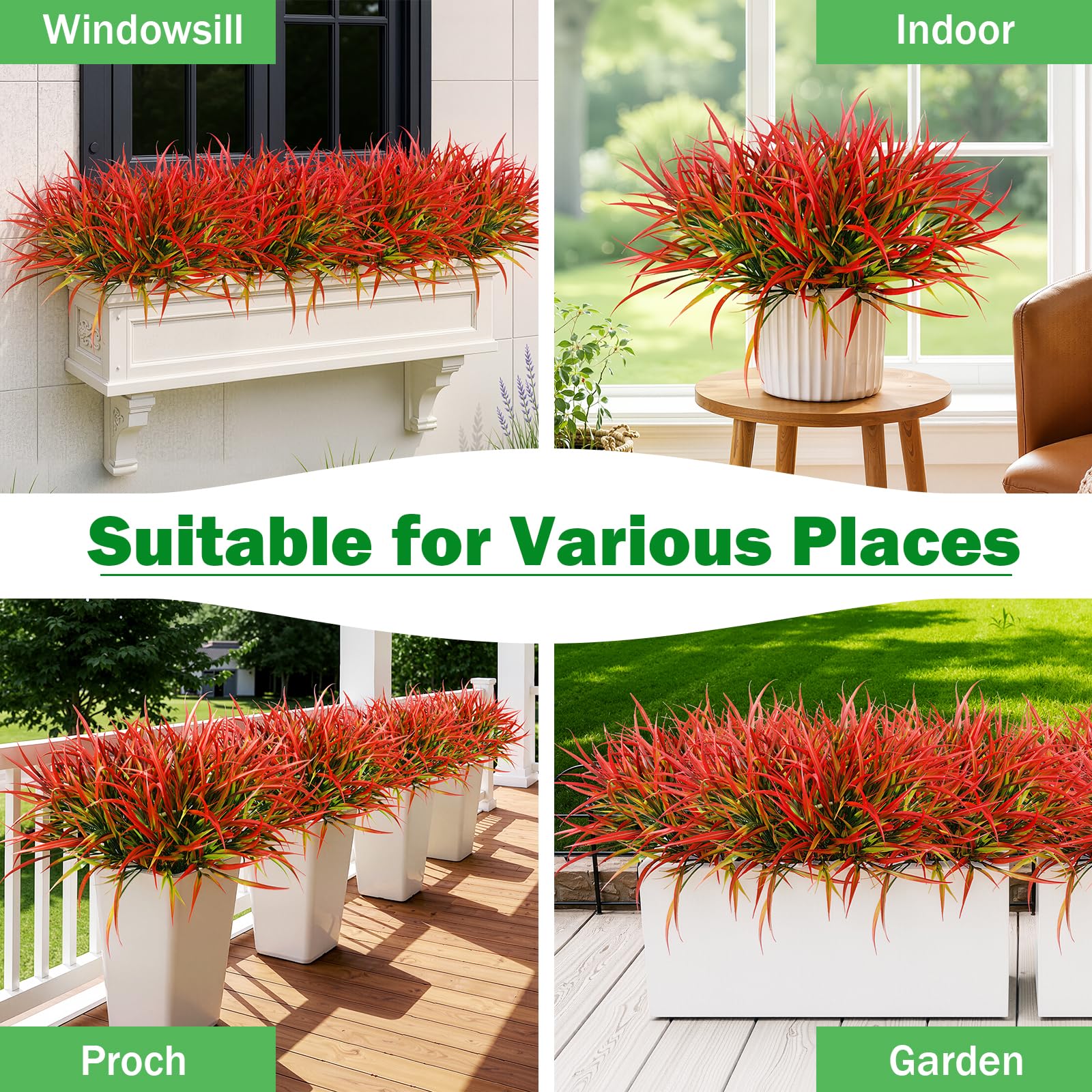 Uieke 28 Bundles Artificial Outdoor Plants UV Resistant Fake Grass Plants Faux Plastic Plants Greenery Shrubs for Home Garden Pathway Window Box Front Porch Cemetery Fall Decor, Autumn Red