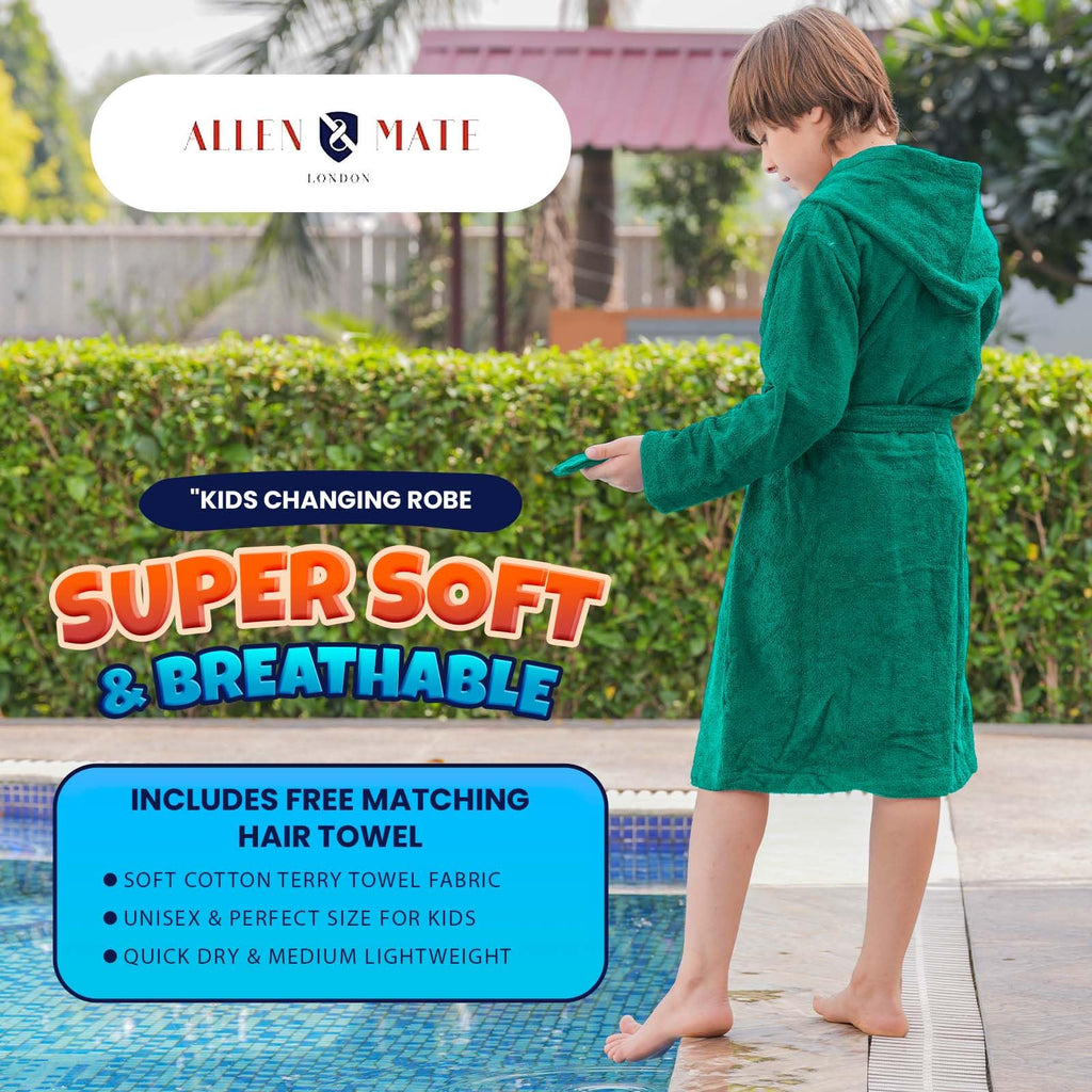 ALLEN & MATE 100% COTTON Hooded Kids Bathrobe – Soft, Medium Weight Absorbent Bath Towel Robe for Boys & Girls, 6-15 Years