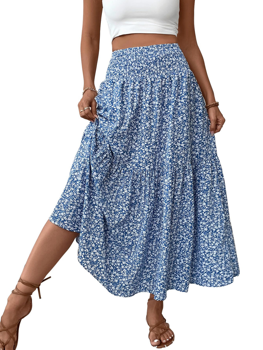 Women's Smocked High Waist Maxi Skirt Casual Boho Long Skirts with Pockets