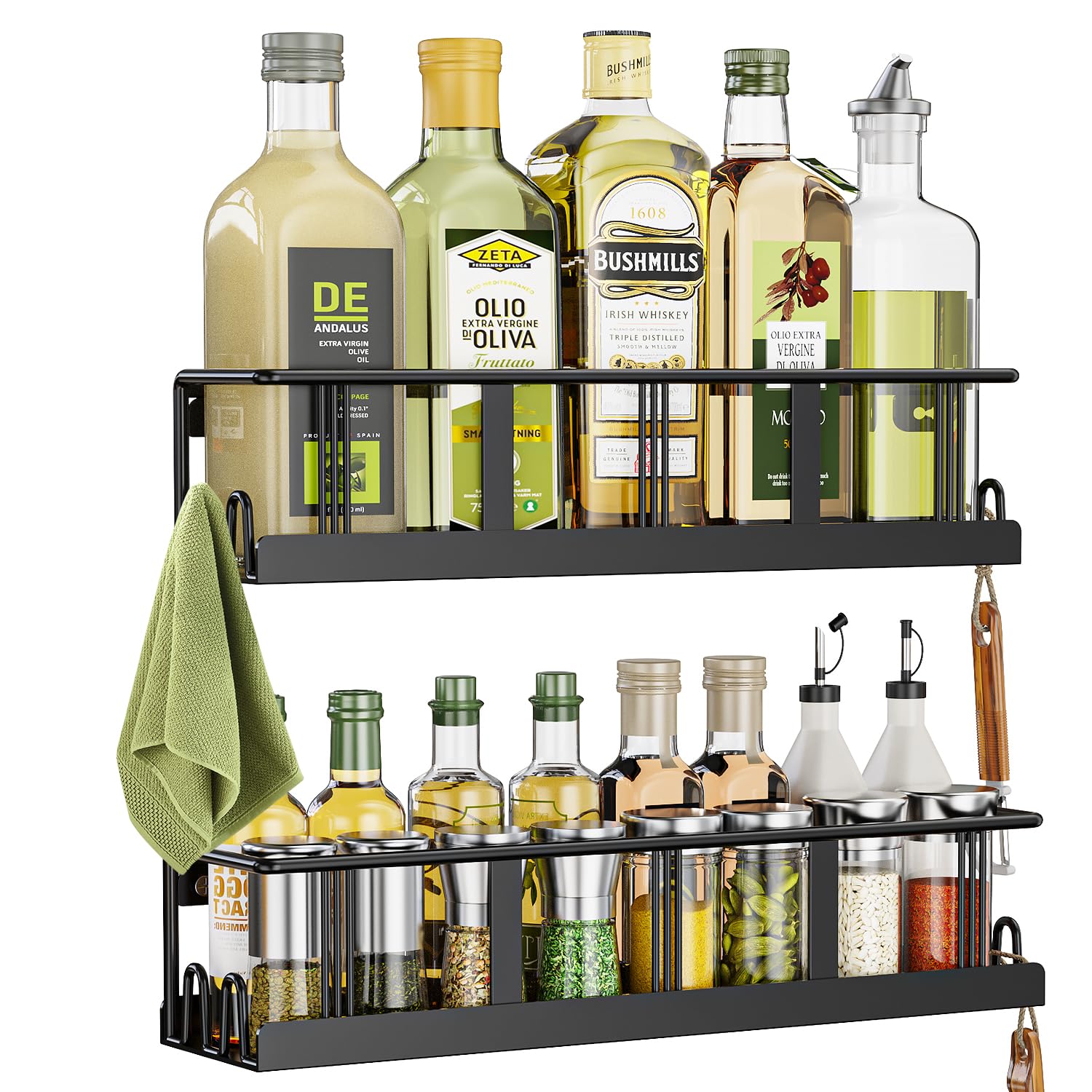 Bunoxea Spice Rack Wall Mounted 2 Pack,RV Spice Rack,Black | 8 Built-in Hooks,2 Versatile Sizes, Space-Saving,Flat Base, Screw or Adhesive, For Kitchen Cabinet, Pantry Door,Stove,RV