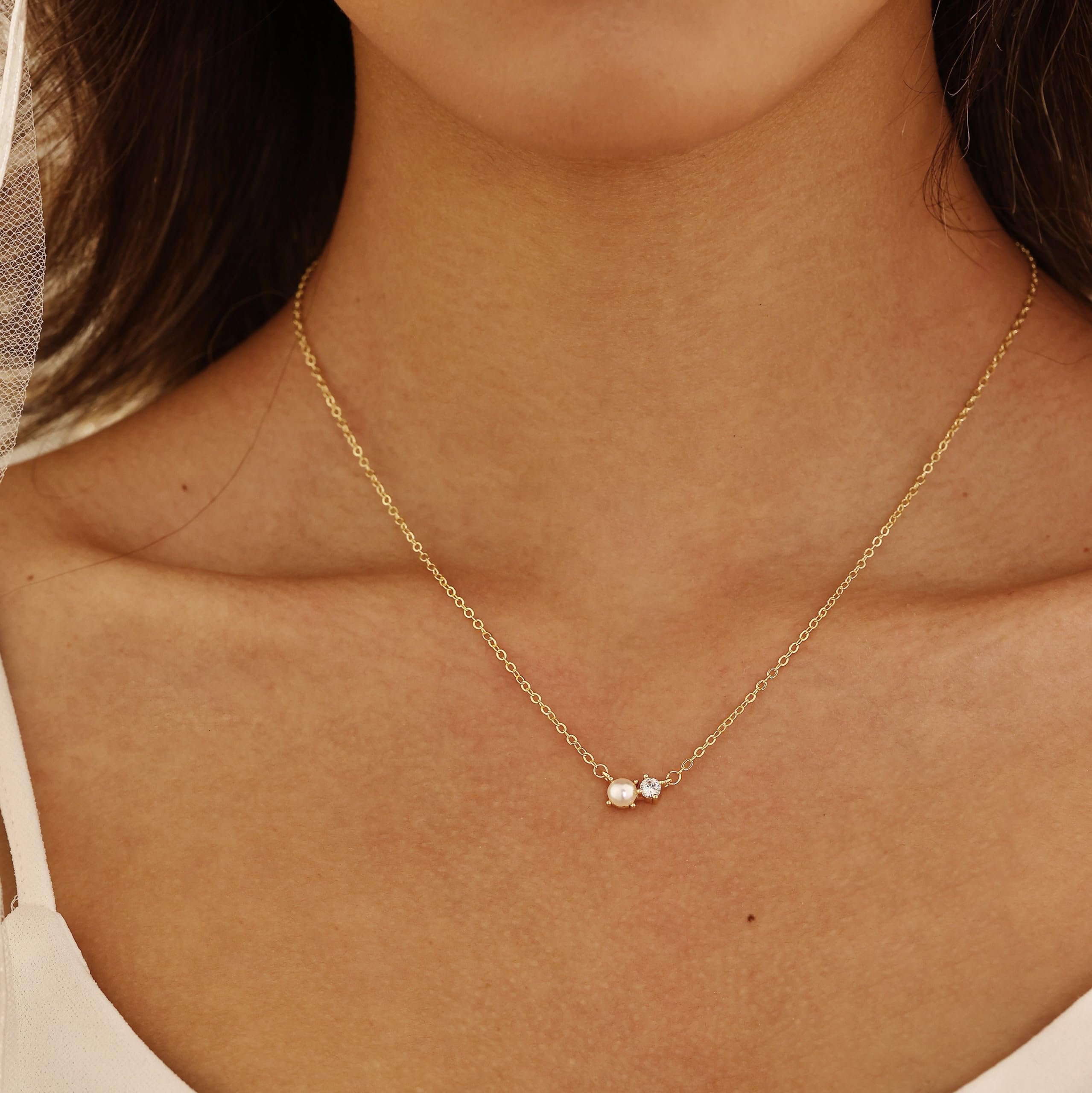 Pearl Necklace for Women Trendy,14k Gold Plated Necklace Dainty Wedding Necklace Small Cute Choker Necklace Gold Prom Drop Necklace Vintage Waterproof Jewelry for Women Prom Jewelry Fashion Gifts