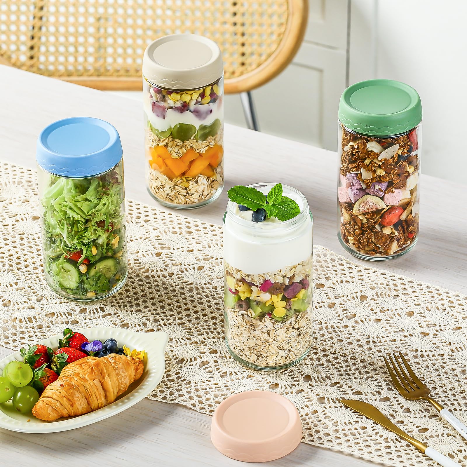 DRKIO 10 Oz Overnight Oats Containers with Lids - 4 Pack Glass Storage Jars with Airtight Lids Wide Mouth Mason Food Jars Great for Meal Prep Salad Chia Pudding Snacks Yogurt Sugar Spice Cereal