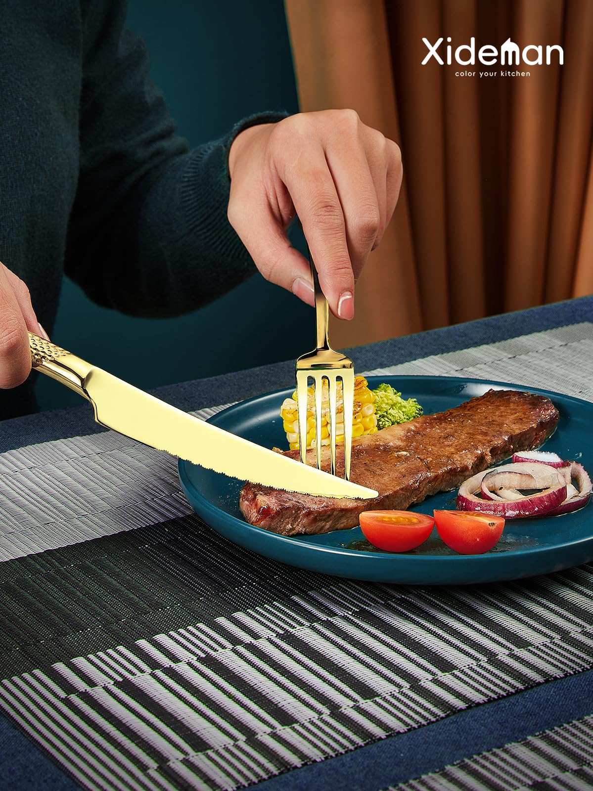 16-Piece Modern Black Hammered Silverware Set with Ultra Sharp 2-IN-1 Serrated Knives, 18/10 Stainless Steel Flatware Set, Titanium Plated Cutlery Set Service for 4, Dishwasher Safe