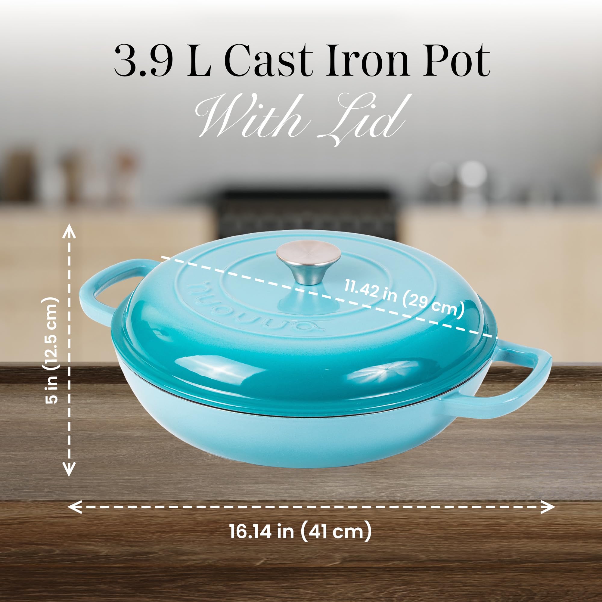 Shallow Cast Iron Casserole with Lid – Non Stick Dutch Oven Pot, Oven Safe up to 500° F – Sturdy Ovenproof Stockpot Cookware – Enamelled Cooking Pot – Black, 5-Quart, 32cm – by Nuovva