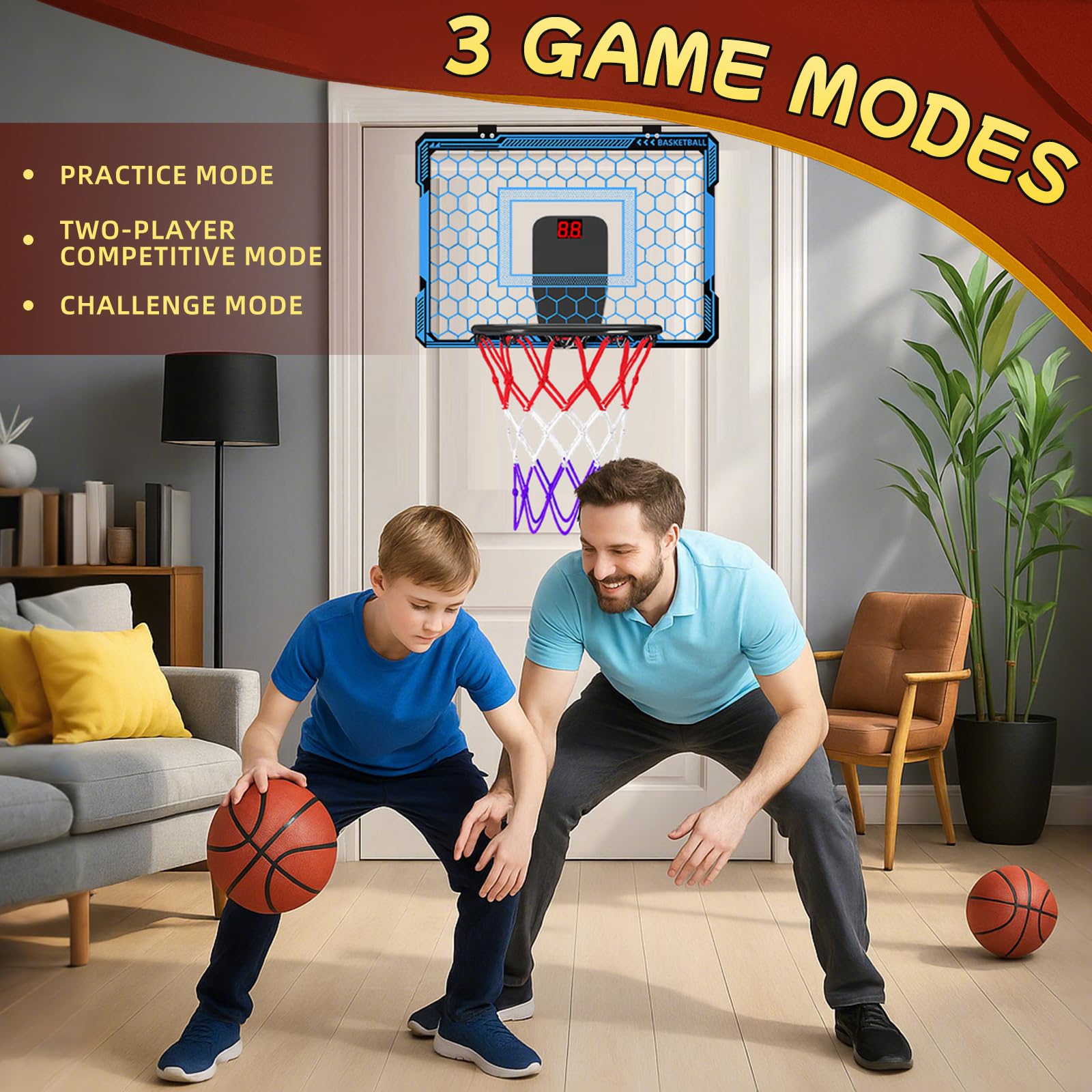Molutsody Over The Door Basketball Hoop, for Kids (Blue) | Mini Hoop with LED Light & Scoreboard. Includes 3 Balls & Air Pump. Gifts for 4-12 Year Old Boys Girls