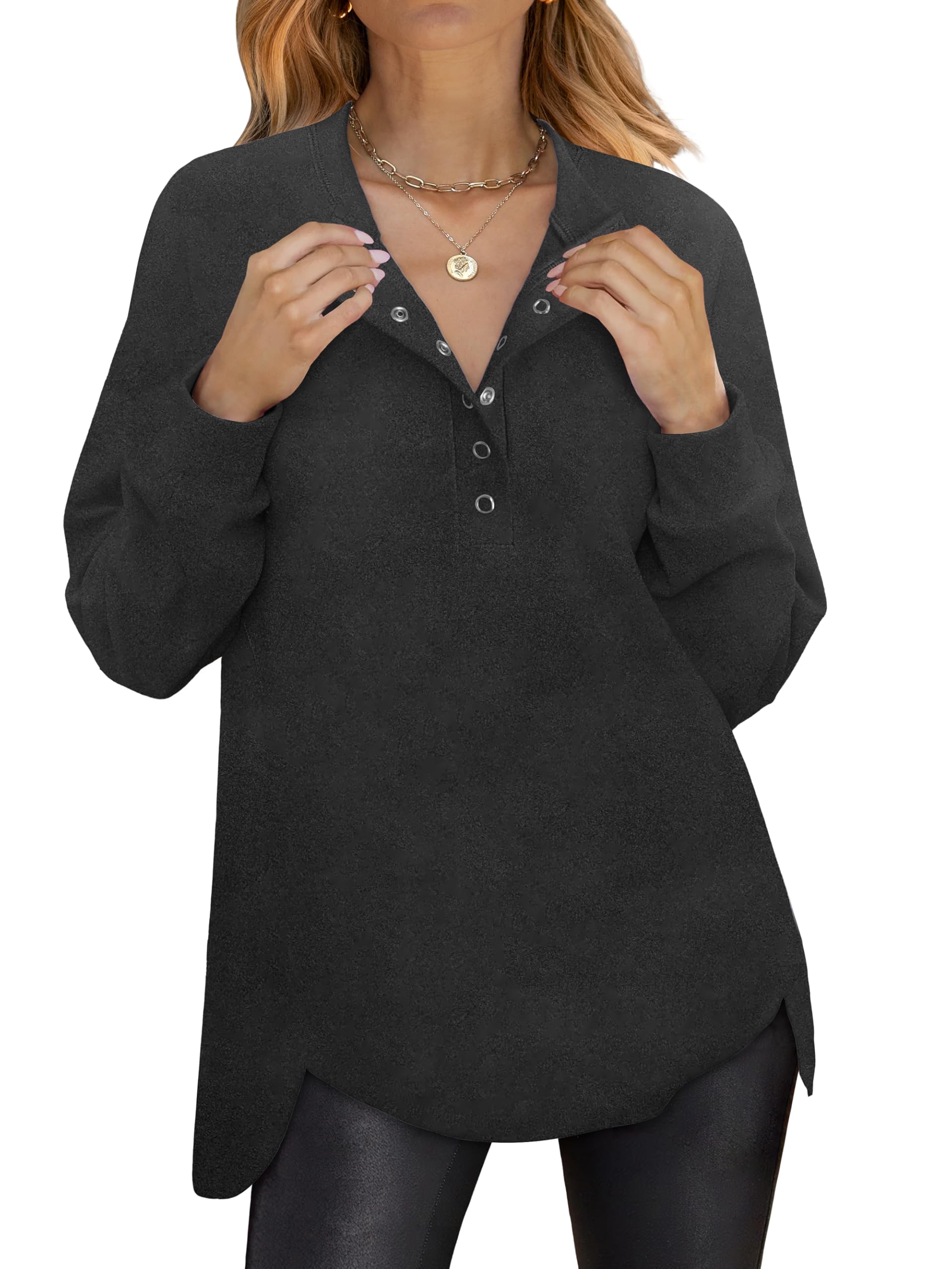 ANRABESS Women's Long Sleeve Henley Oversized Sweatshirts | Button Slit Hem Tunic Tops, Soft Loose Fit Pullover, School Work Office Outfits, Lounge Casual, Fall Winter Clothes
