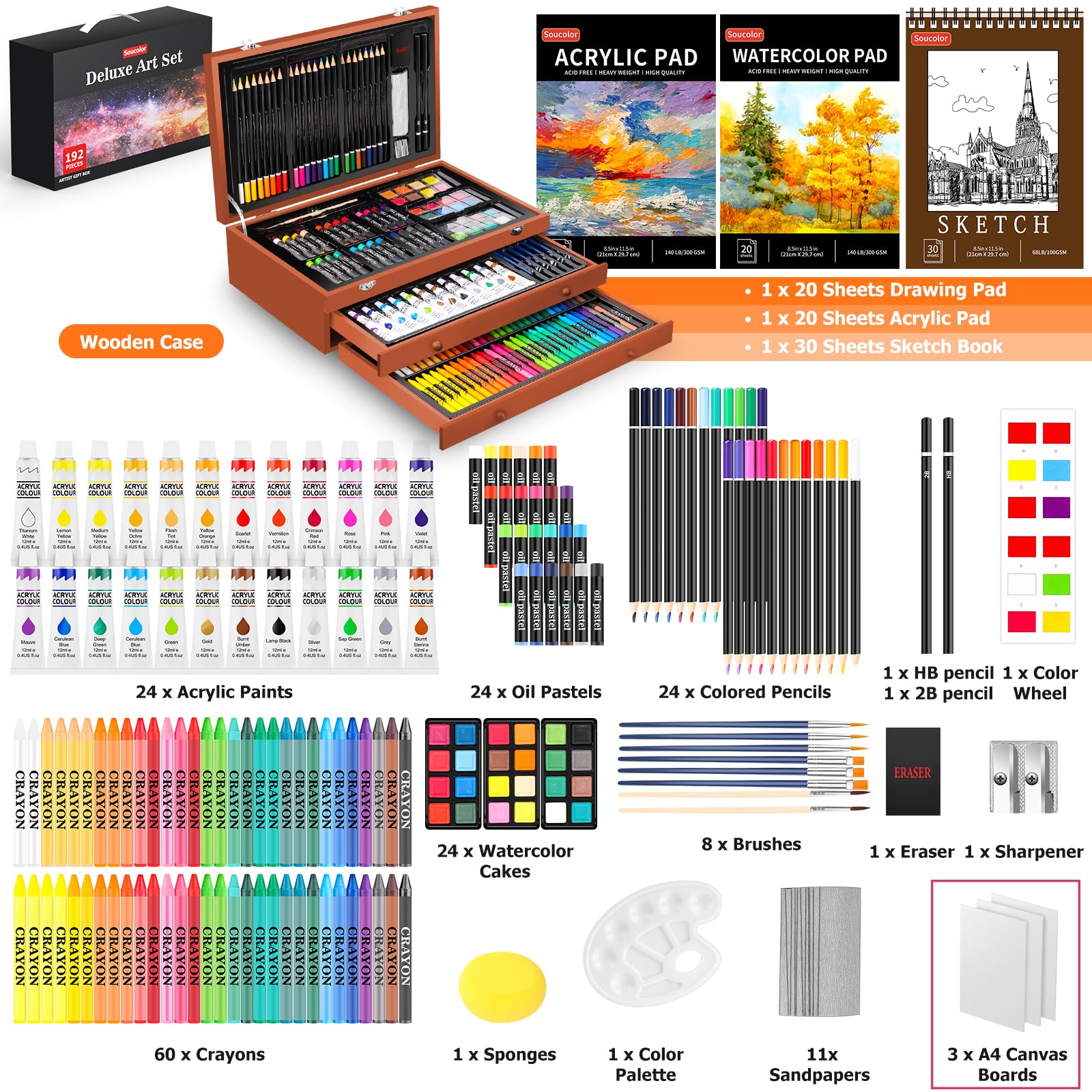 Soucolor Art Supplies, 192-Pack Deluxe Art Set Drawing Painting Supplies Kit with Acrylic Pad, Watercolor Pad, Sketch Book, Canvases, Acrylic Paint, Crayons, Pencils, Gifts for Artist Adults Teen Kids