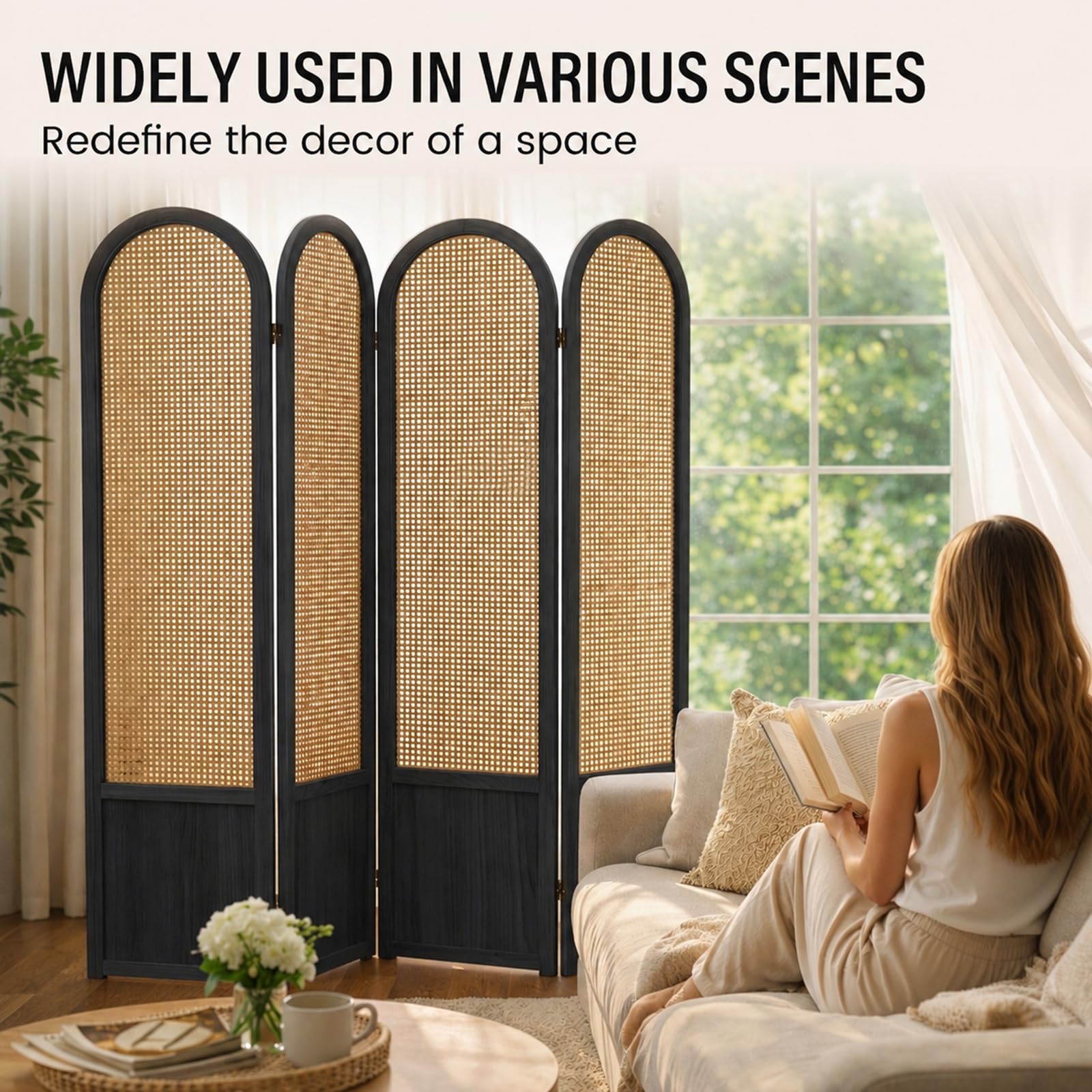 Hand-Woven Rattan Room Divider 3 Panels, 5.9 Ft Tall Wood Room Divider Panel, Partition Screen Divider Wall, Folding Privacy Screen, Wall Divider for Room Separation Home Office - Black
