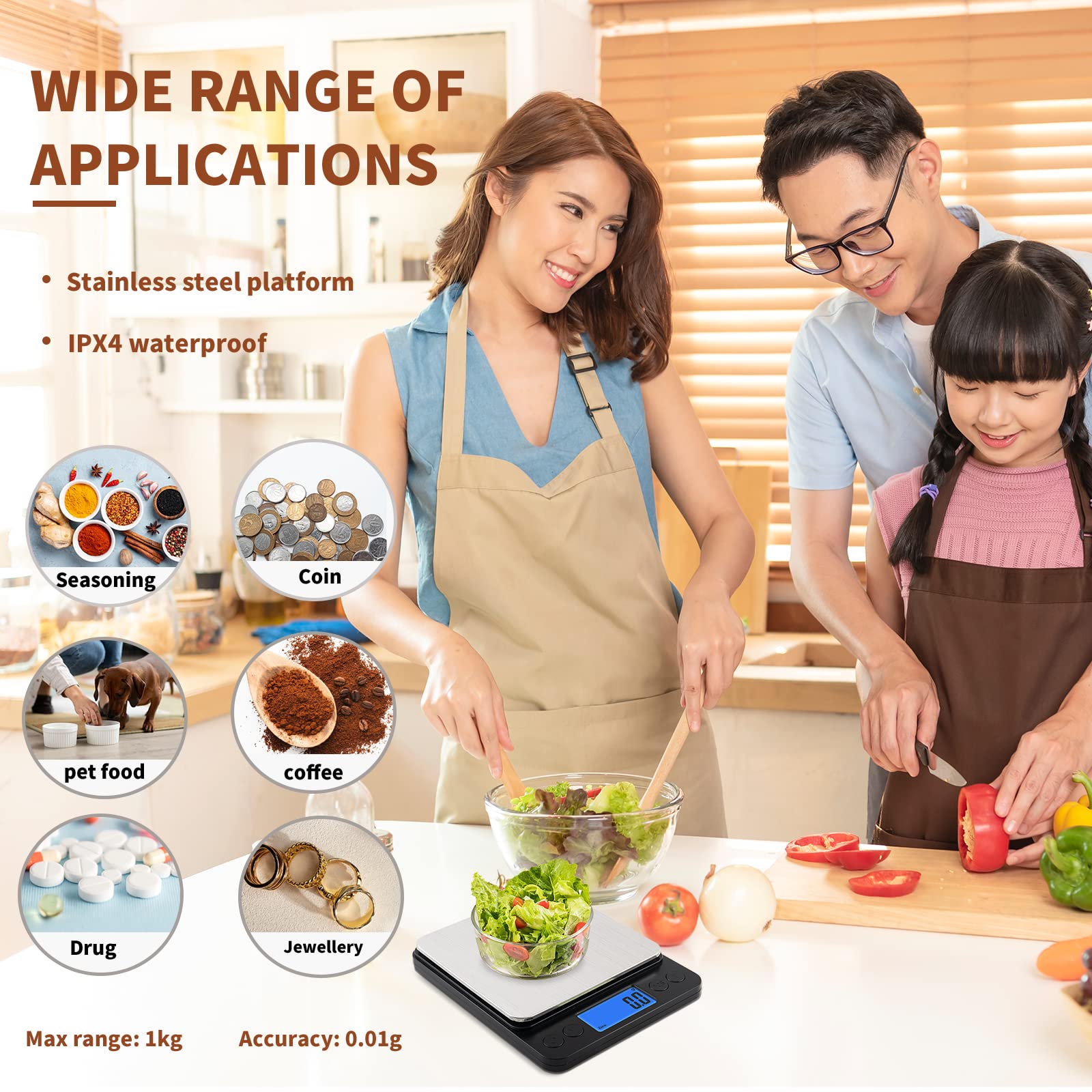 Small Digital Gram Scale 1000g by 0.01g, MEIYA High Accuracy Scale for Food Ounces and Grams, Upgrade USB Charging Kitchen Scale Digital Weight for Cooking, Baking, with Tare Function, 9 Units, 2 Tray