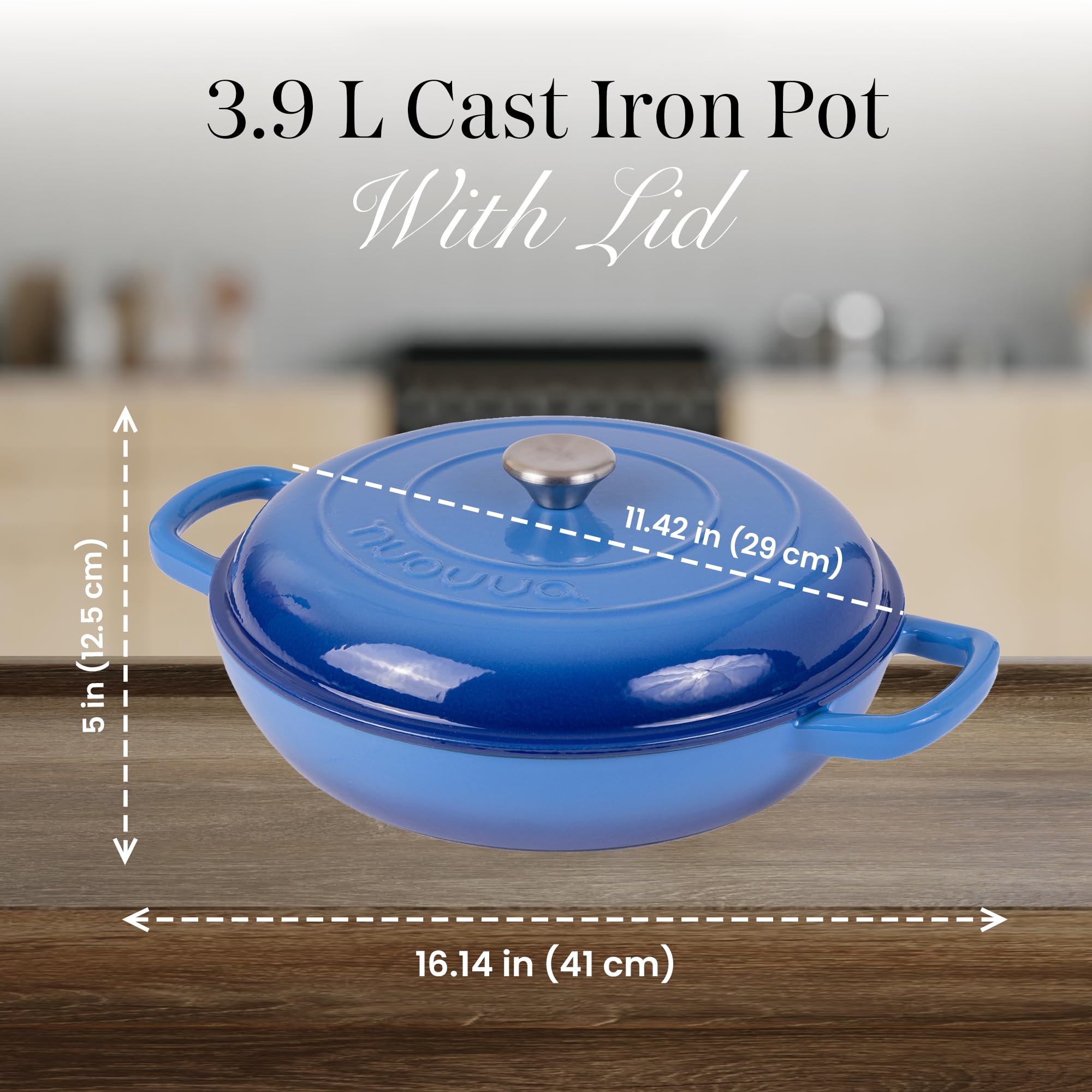 Shallow Cast Iron Casserole with Lid – Non Stick Dutch Oven Pot, Oven Safe up to 500° F – Sturdy Ovenproof Stockpot Cookware – Enamelled Cooking Pot – Black, 5-Quart, 32cm – by Nuovva