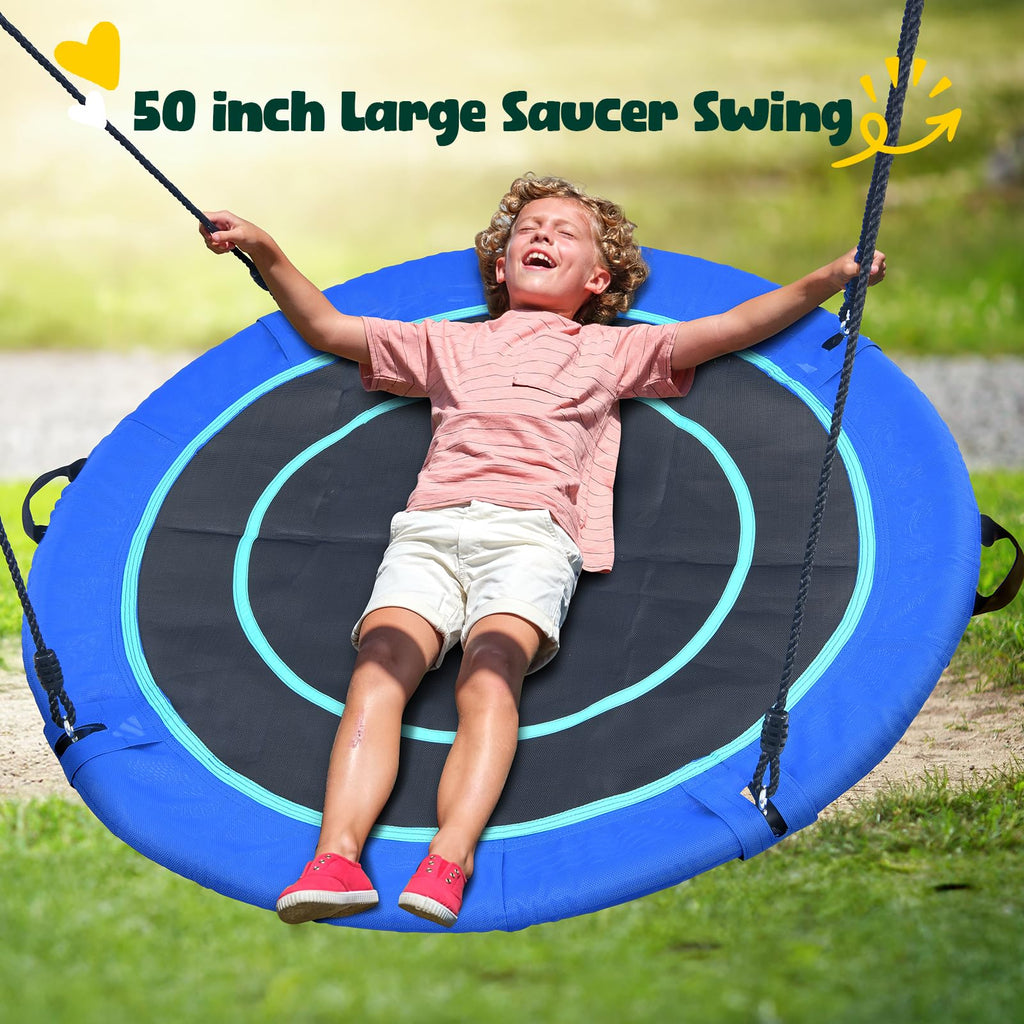 Hapfan 50" Large Saucer Swing with Frame for Kids Outdoor, 6.5 ft Tall 500 lbs Swing Sets for Backyard, Heavy Duty Metal Outdoor Swingset for Adults