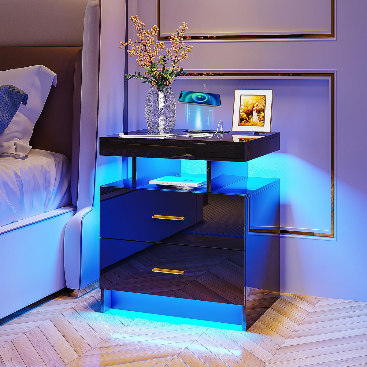 HNEBC LED Nightstand with Charging Station,Smart Bedside Table with Motion Sensor Lights,3 Drawers,Tempered Glass Top,High Gloss End Table with 3 Color Lights for Bedroom, Living Room,Office-Black